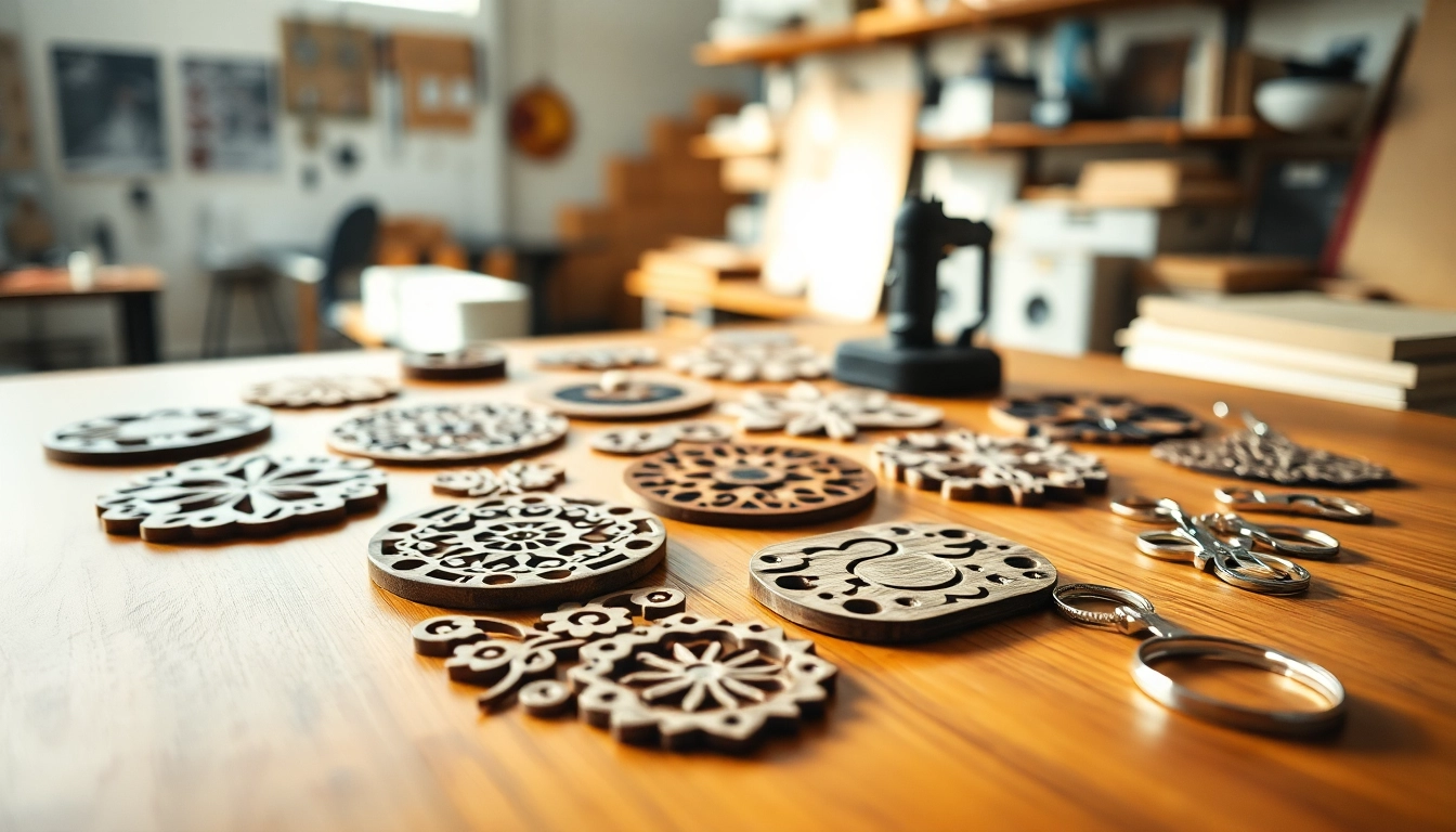 Showcasing intricate laser cutting designs on a wooden table with vibrant crafted items.
