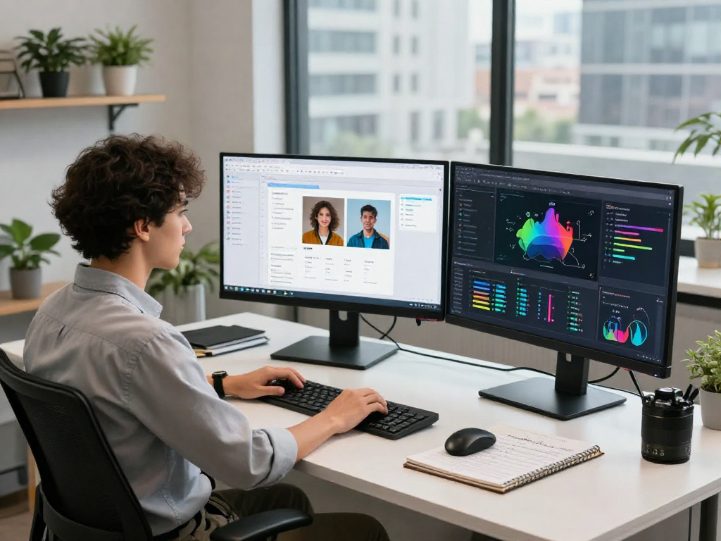 Detect AI image moderation setup with analyst using advanced tools in a bright office.