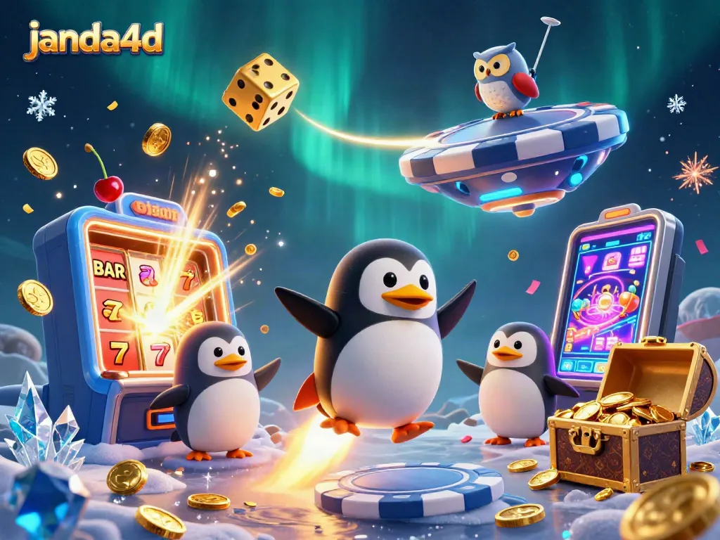 Mainkan janda4d dengan penguin emas yang membawa koin, di tengah jackpot mesin slot.