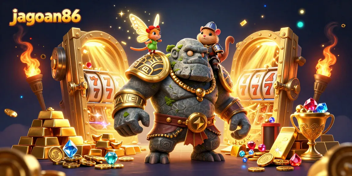 Engage with jagoan86's enchanted gaming world featuring a golem guardian and magical treasures.