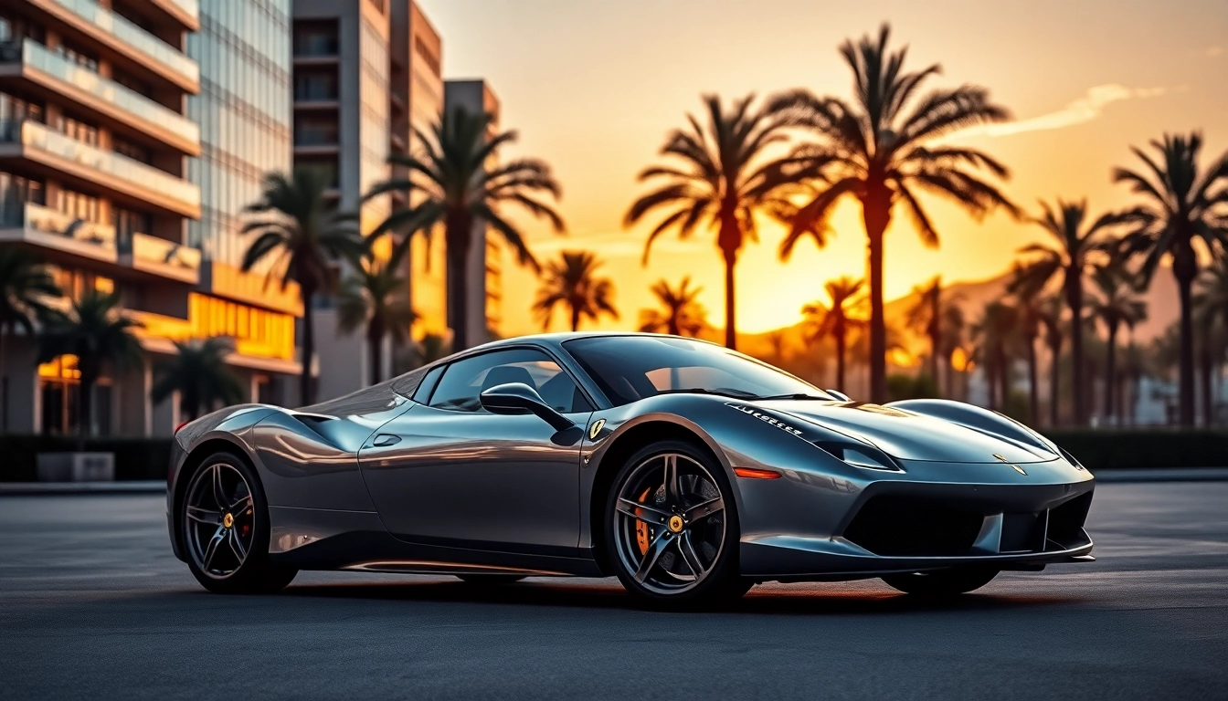 Showcase a Used Ferrari Cape Town with stunning urban skyline backdrop.