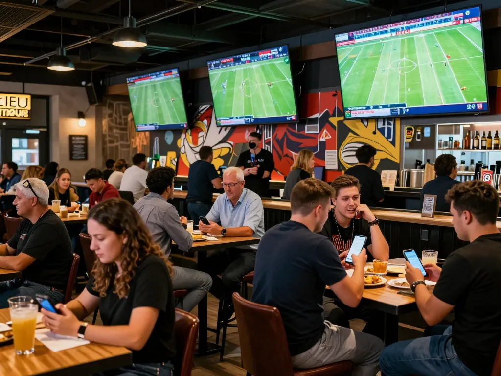Fans engaging with https://cakhiatv.design/ for live football betting while watching games in a vibrant sports bar atmosphere.
