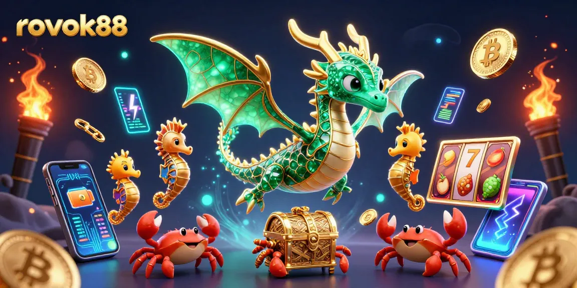Engage with rokok88's dynamic 3D casino scene featuring a sea dragon and crypto elements.