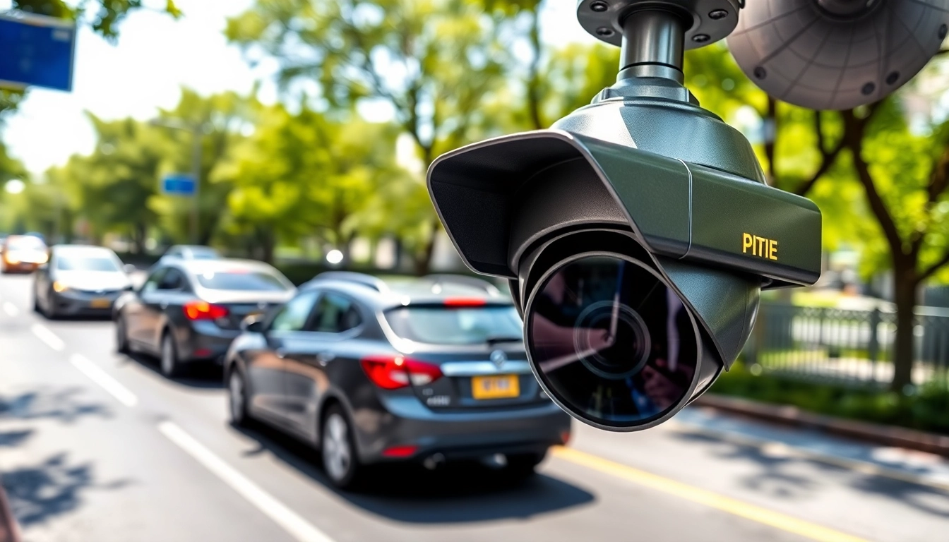 Capture a license plate recognition camera observing vehicles in an urban space.