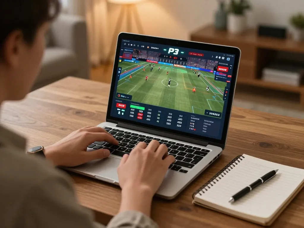 P3 user engaging in dynamic sports betting at home with a laptop and notebook.
