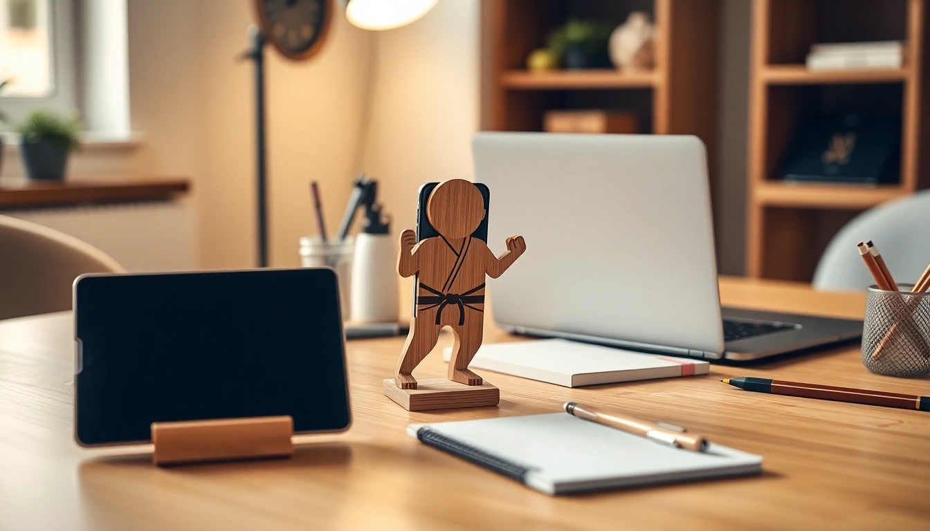 MMOO Wooden Karate Kid Cell Phone Holder displayed in a creative workspace with tablet and art supplies.