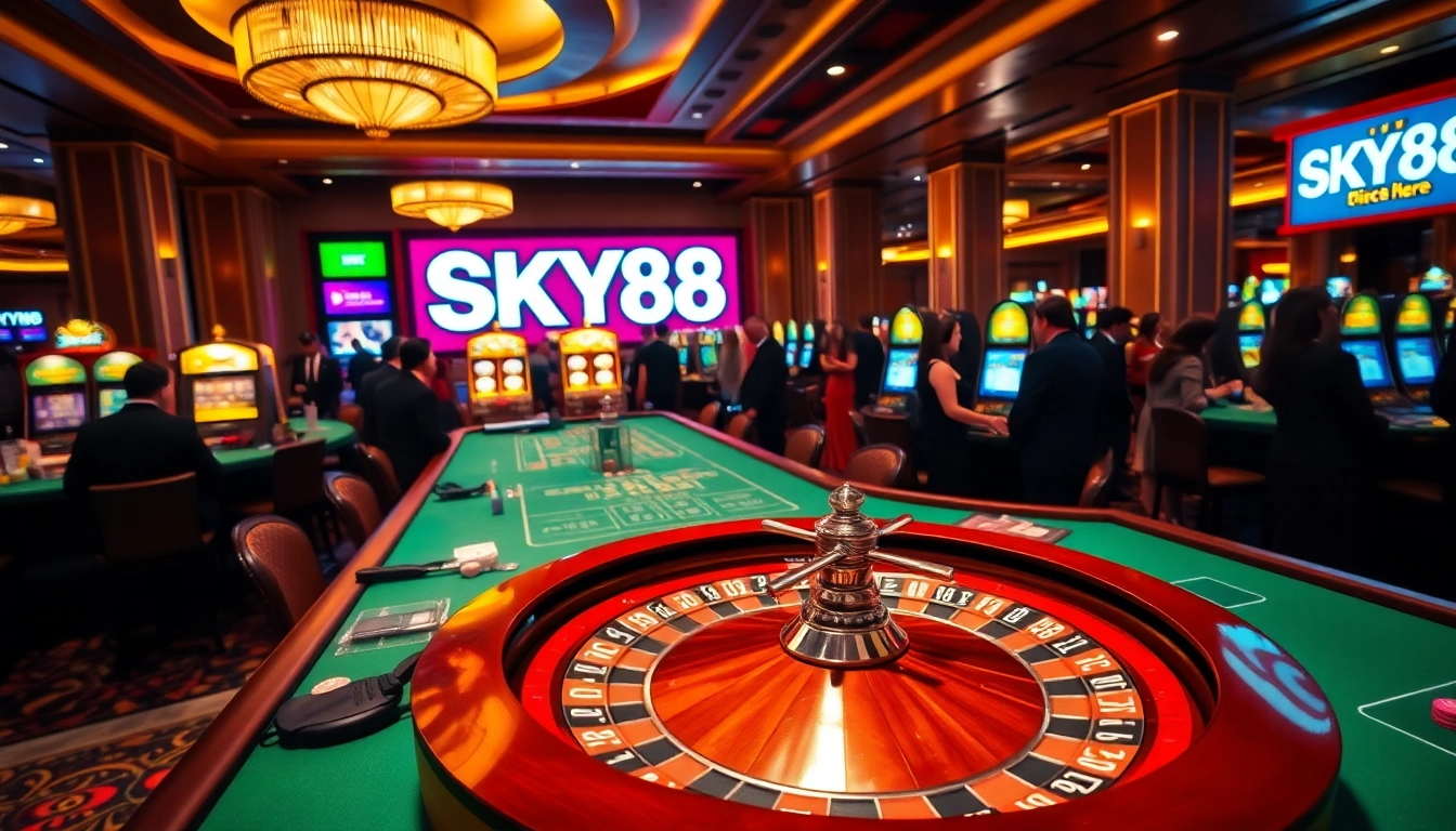 SKY88 casino scene featuring roulette, vibrant chips, and immersive atmosphere.