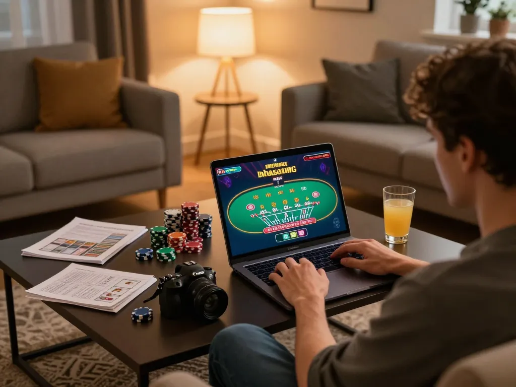 Engaging in online gambling with giường bệnh nhân setup, vibrant home atmosphere and strategic gameplay notes