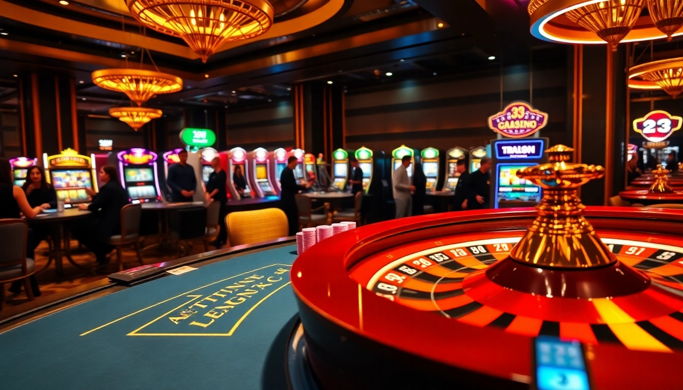 33 WIN poker table with colorful chips and excited players in a luxurious casino environment.