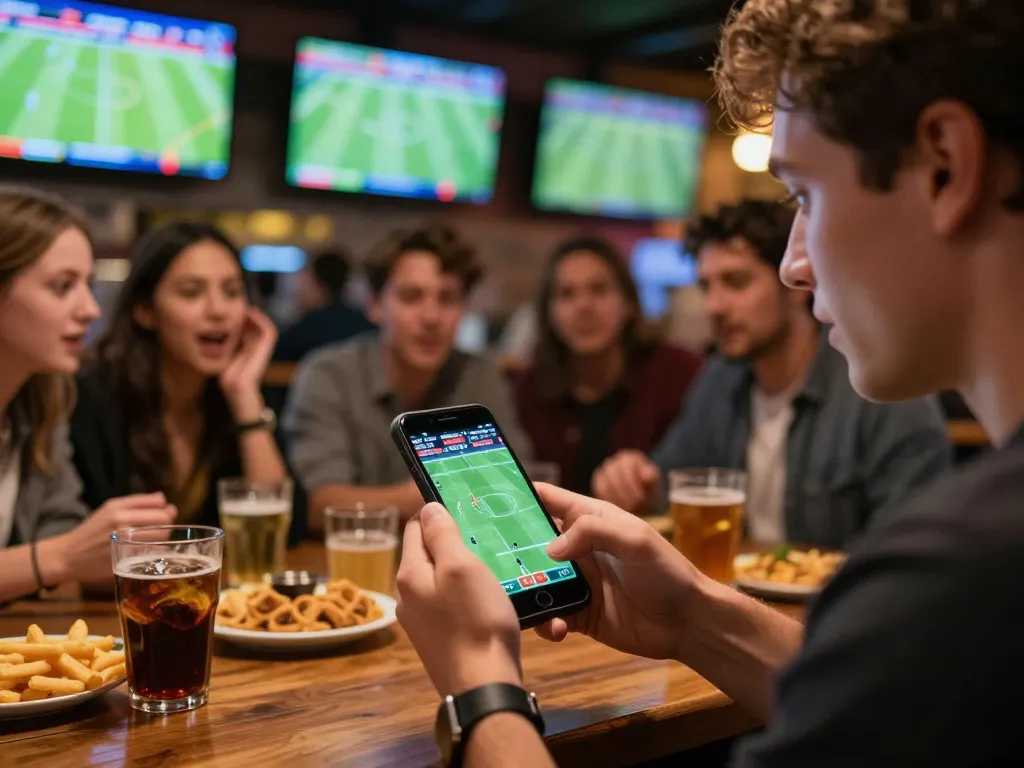 Kèo nhà cái live sports betting scene with engaged friends at a vibrant sports bar, showcasing smartphone in use.