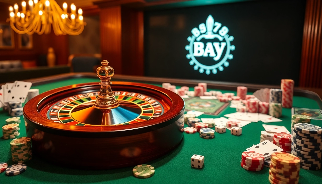 Experience the thrill of gambling at Bay789 with a vibrant casino scene featuring roulette and poker.