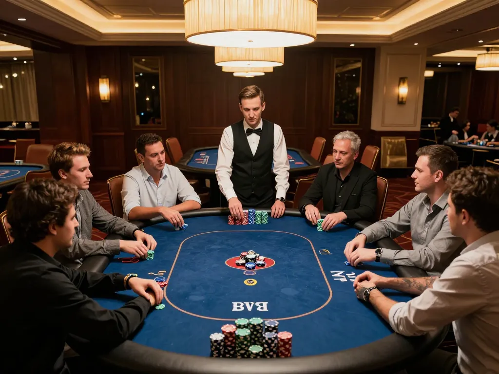 NHÀ CÁI DABET live poker gameplay showcasing players and chips in a vibrant casino setting