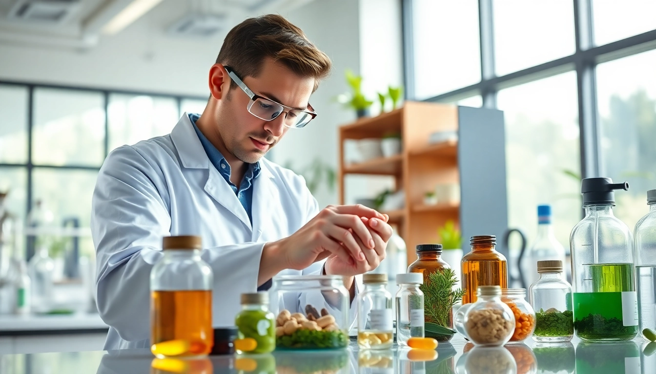 Prominent custom supplement manufacturer uk creating unique formulas in a vibrant lab environment.