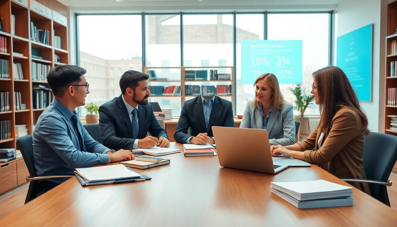 Legal Recoveries professionals collaborating in a bright office atmosphere with documents.