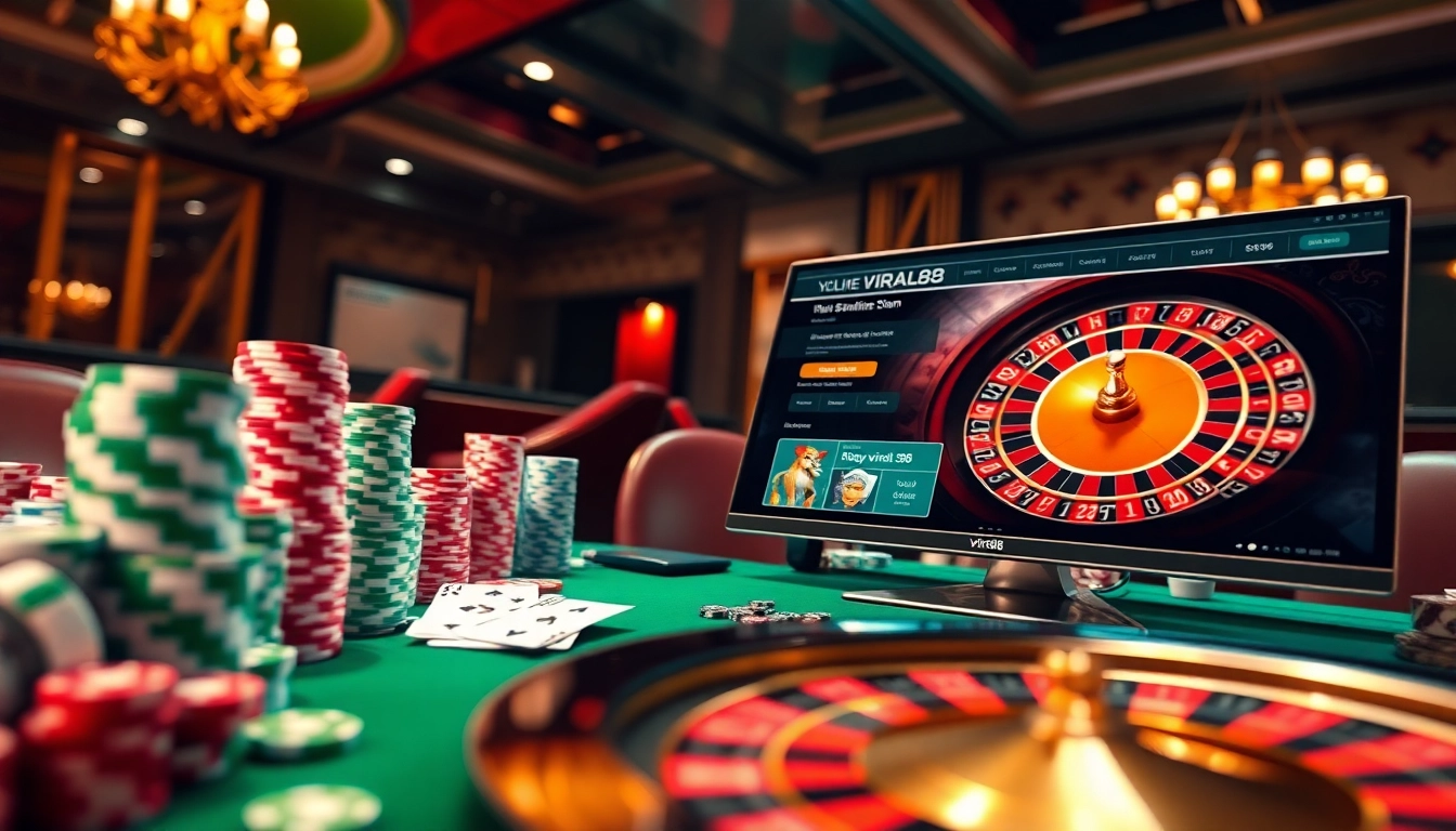 Experience the excitement of viral88 with a vibrant casino scene featuring poker, roulette, and online play.