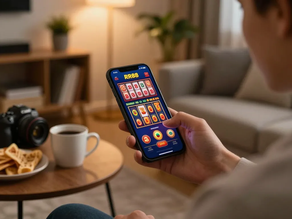 Engaging with the RR88 app on a smartphone for a thrilling gambling experience at home.