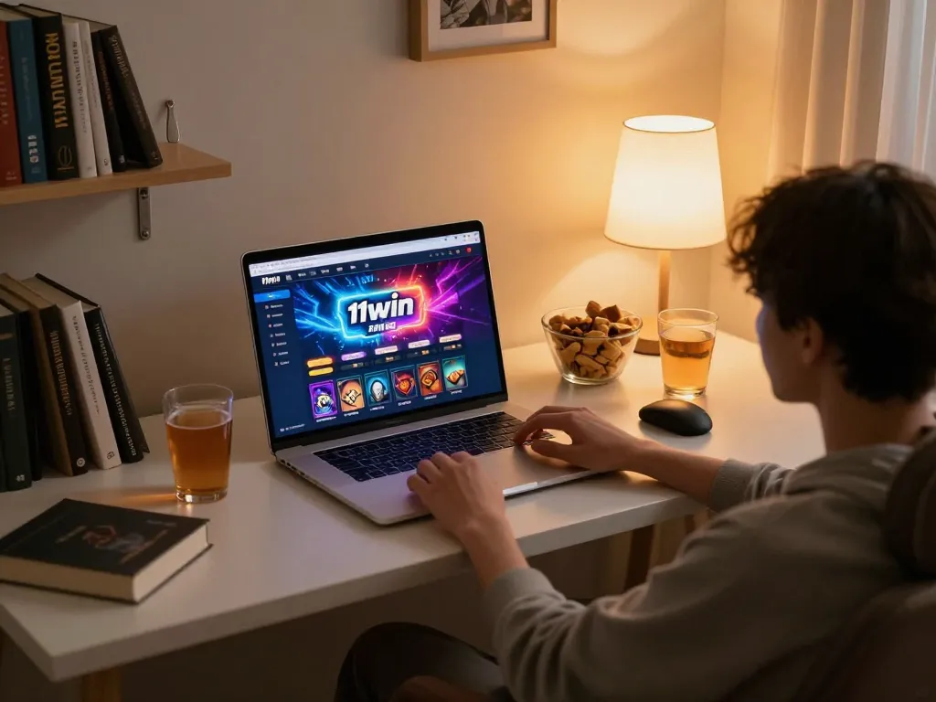 Enjoying a thrilling gaming experience on 11win at a cozy home setup, laptop displaying vibrant casino interface.