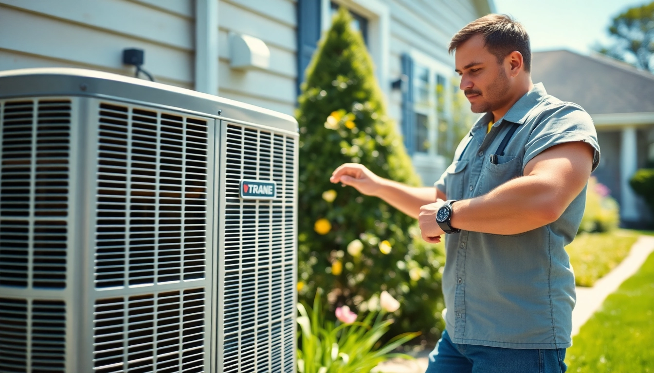 HVAC technician servicing Trane Alberta unit for home comfort solutions.