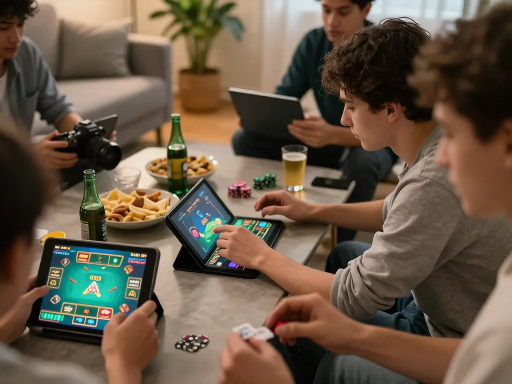 Engaged players enjoying online games at https://sky88h.co/ in a cozy home setting with snacks and immersive graphics