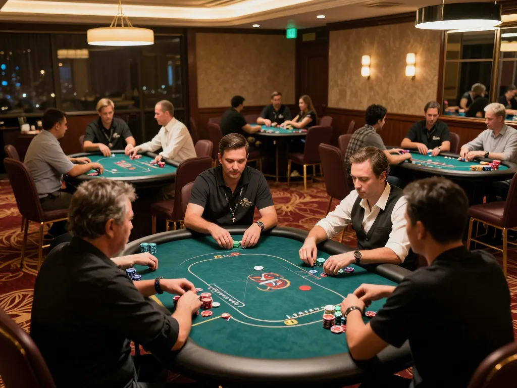 kp88 players strategizing at poker tables in a vibrant casino atmosphere