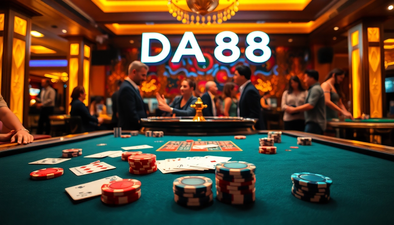 Gambling excitement at DA88 casino showcasing poker chips and cards on a luxurious table.