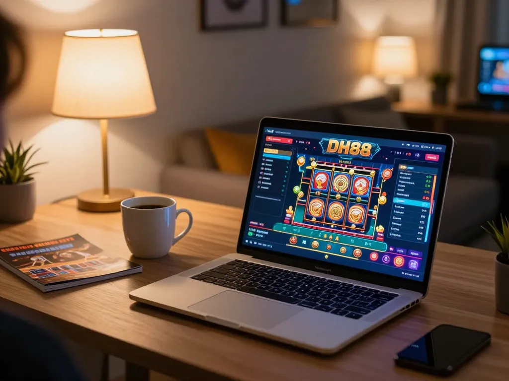 Engaging DH88 game interface displayed on a laptop in a cozy home gaming setup.