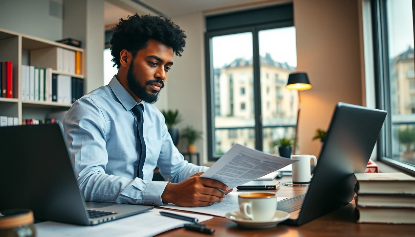 Traducteur assermenté professionnel travaillant dans un bureau à Paris, traduisant des documents.