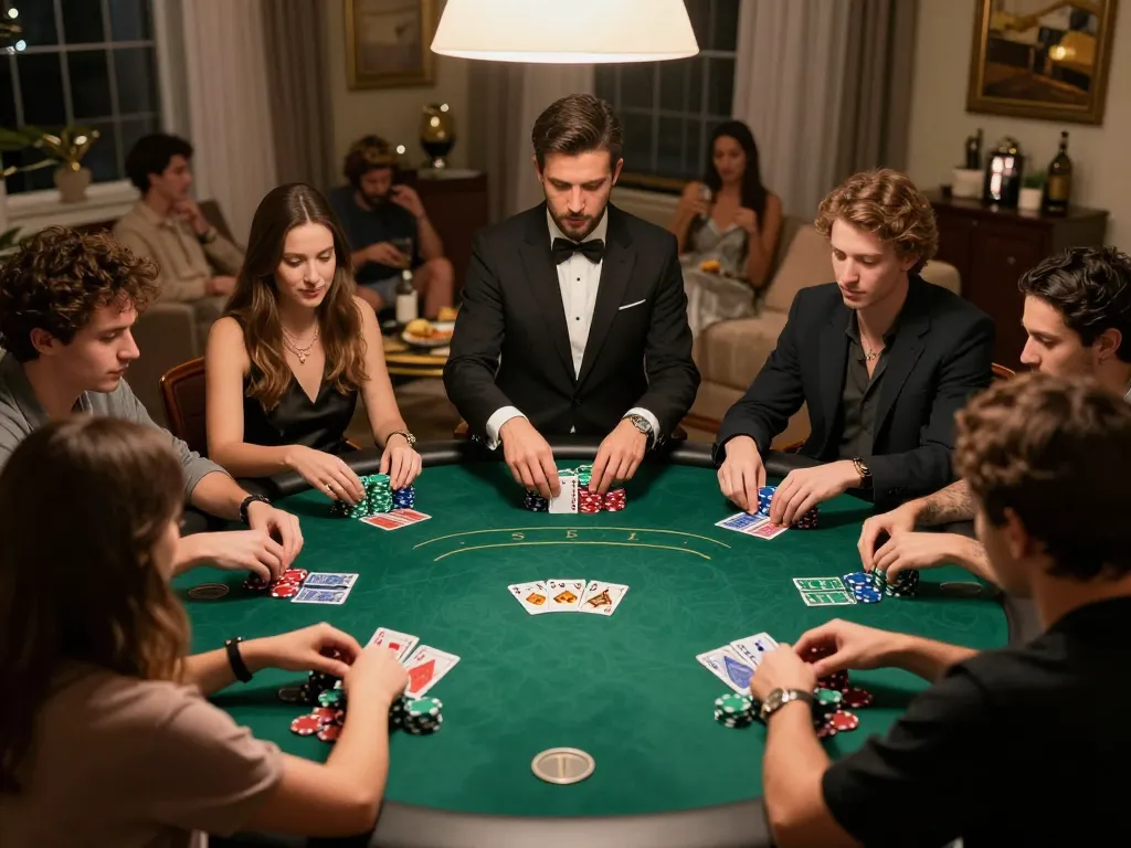 Engaging scene of a high-stakes poker game at home showcasing du88 trang chủ with players concentrating on their cards.