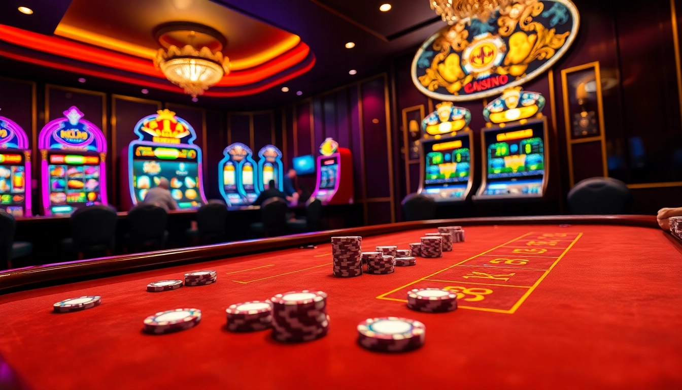 Players enjoying a high-stakes game at k9k9 casino, featuring vibrant slot machines and poker chips.