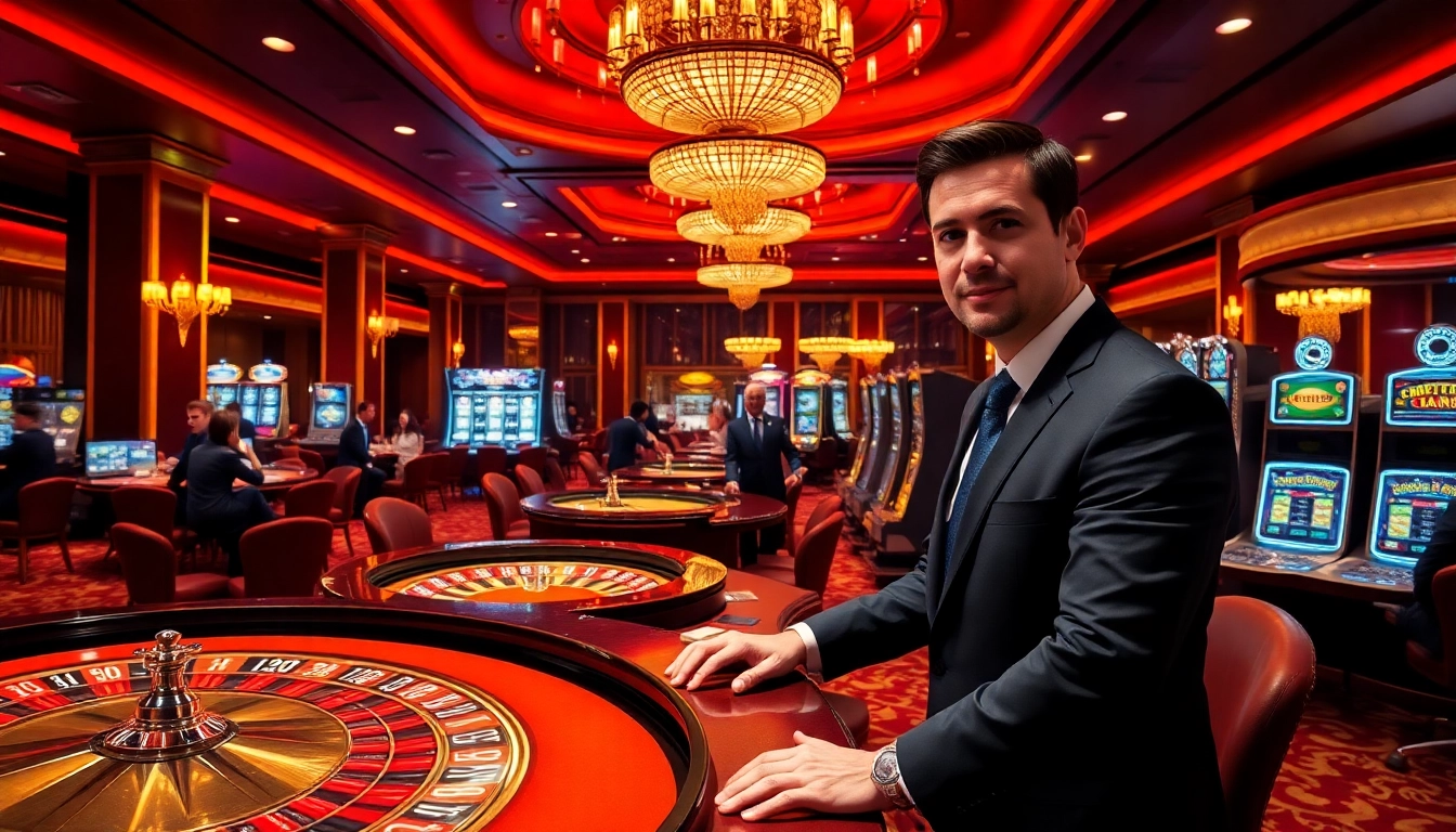 Exciting gaming atmosphere at rr88 com with luxurious casino elements and players engaged.