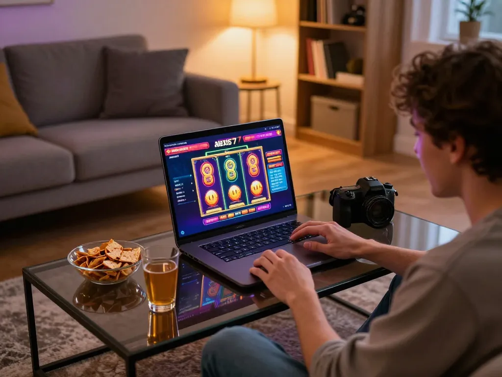 Engaging gameplay on alexis77 online casino laptop in cozy home setting