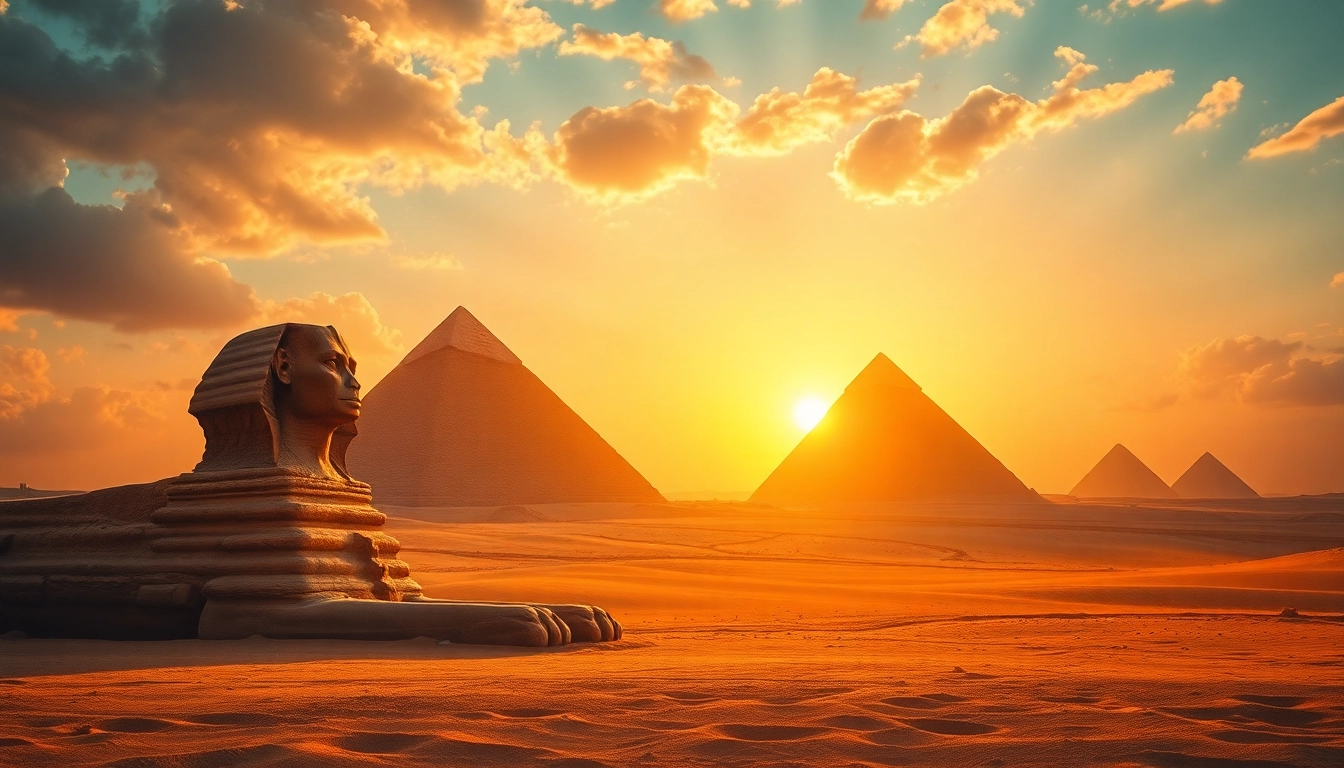 Experience the grandeur of the Great Pyramids, showcasing exquisite structures against a vibrant sunset.