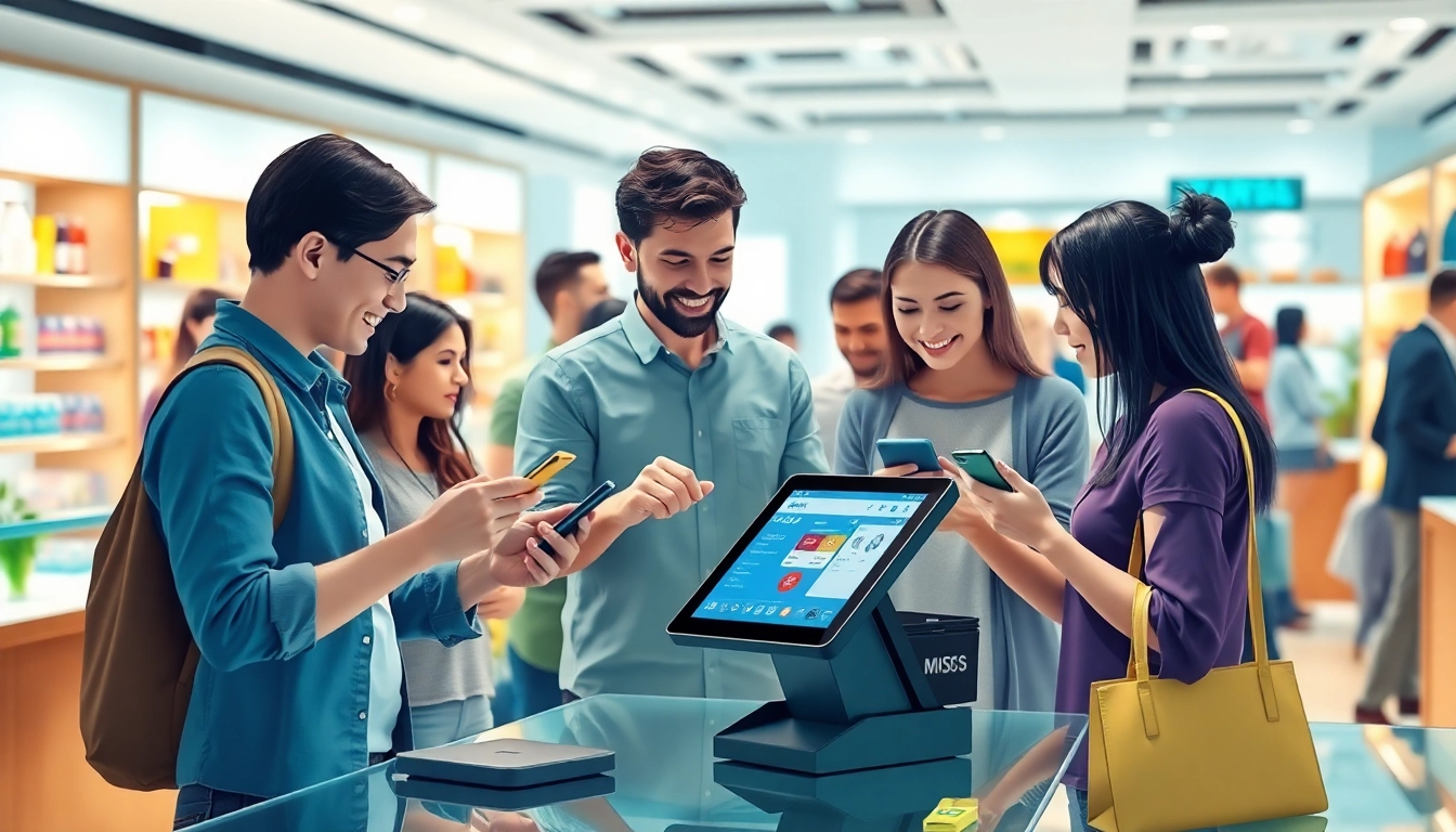 現代の小売環境におけるキャッシュレス決済。顧客がタブレットとスマートフォンで決済を行う。