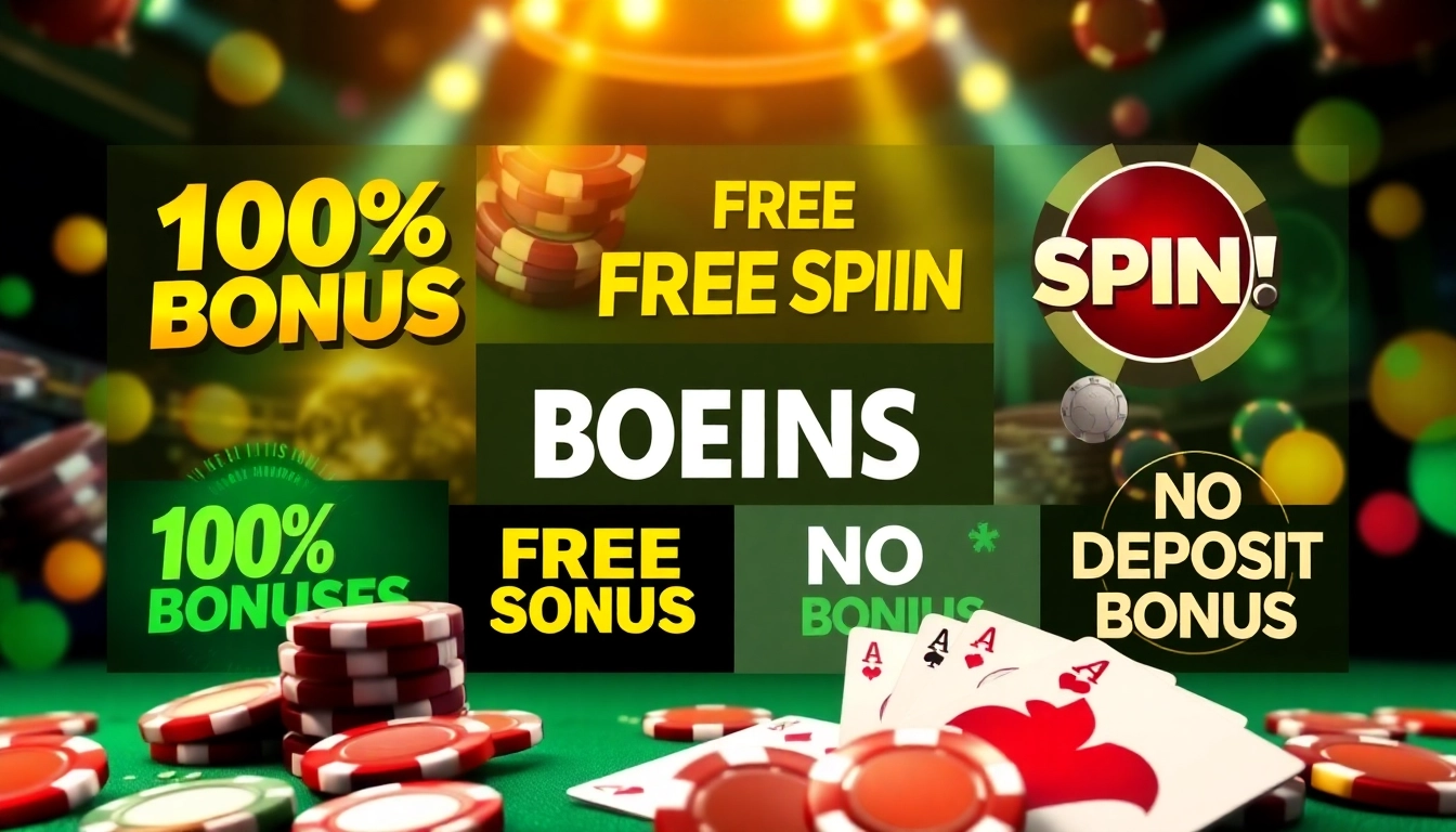 Engaging visual showcasing various casino bonuses, including promotional offers, chips, and cards.