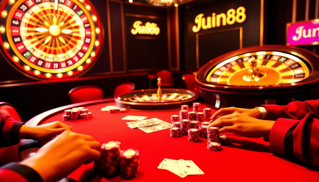 Exciting poker game at Jun88 casino showcasing vibrant chips and cards on a luxurious table.