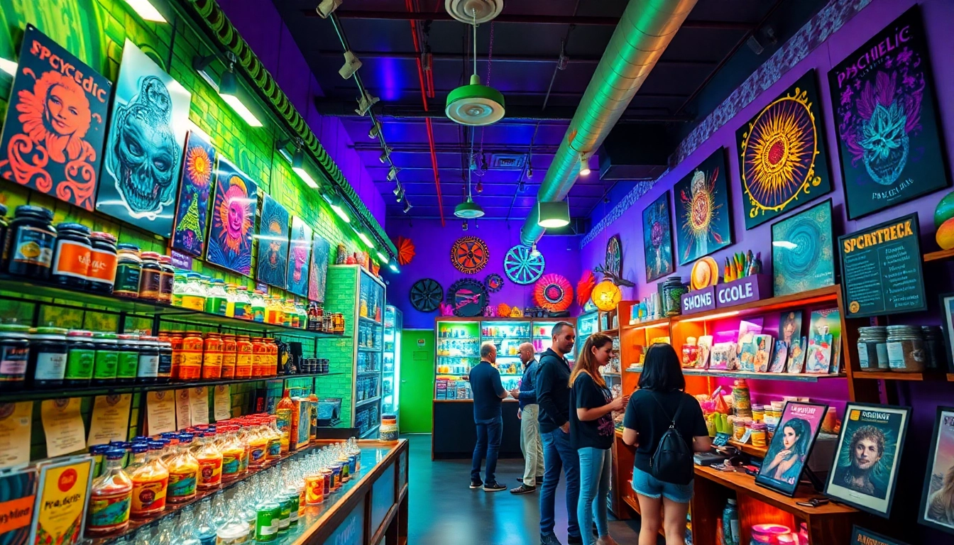 Psychedelicschemstore vibrant display of psychedelic products in inviting shop interior.