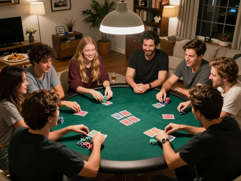 Friends strategizing during a poker game night while using gg88com for a competitive edge