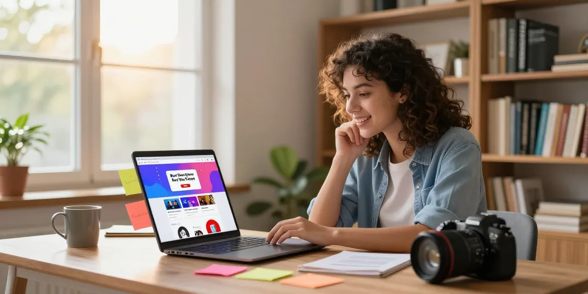 Content creator exploring top sites to buy YouTube views while researching in a cozy office.
