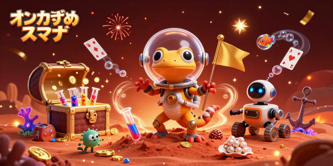 オンカジおすすめ スマホで楽しく遊ぶ光景、宇宙を舞台にしたカジノで喜ぶキャラクターたち