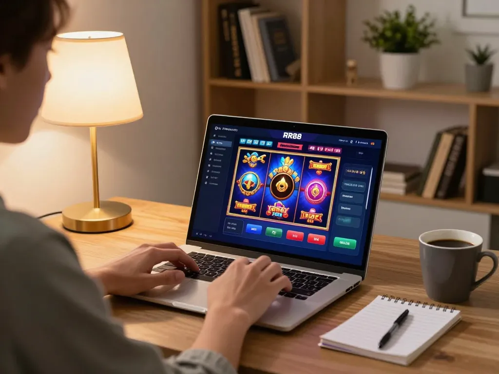 Player engaging with RR88 online casino on laptop, showcasing vibrant slot games in a cozy gaming setup.