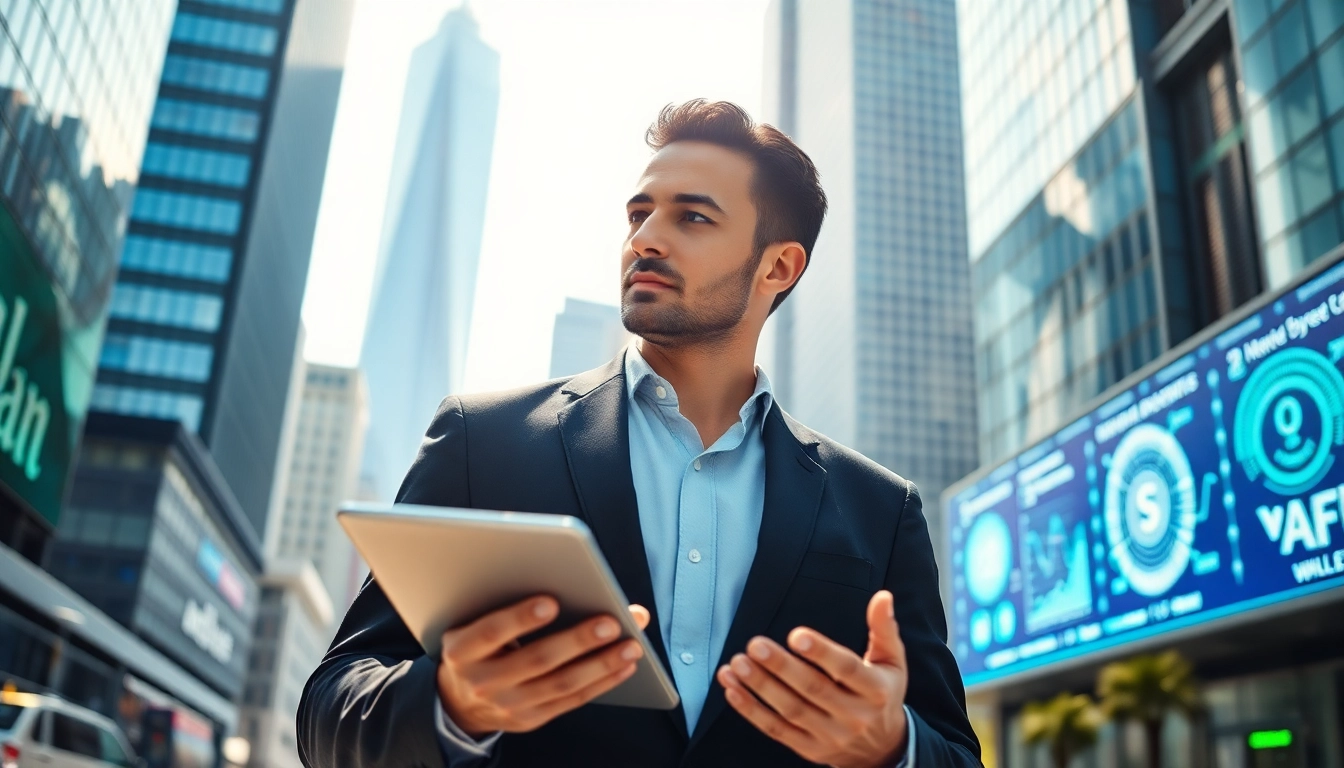 Dinis Guarda engaging with technology amidst a vibrant cityscape reflecting innovation.