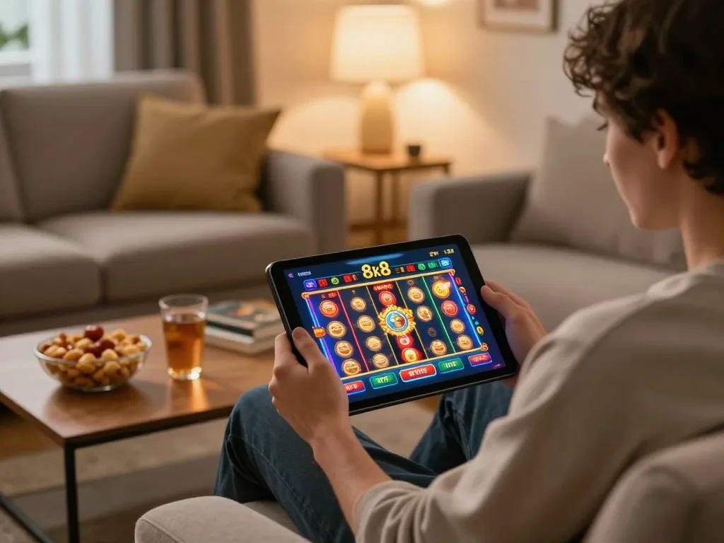 Engaged player enjoying thrilling slot games at 8K8 on tablet in cozy home environment.