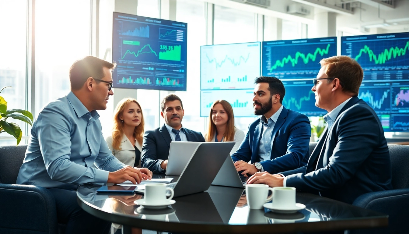 Analyze sway markets trends with financial analysts in a bright office.