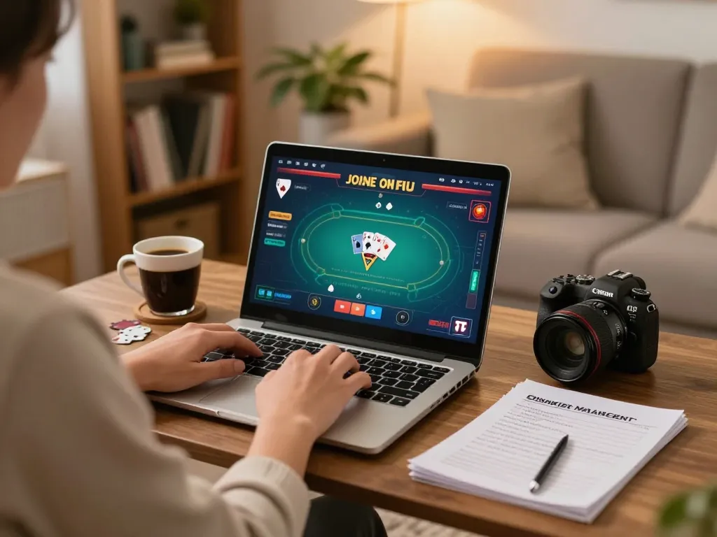 Engaging with mdg188 login for an online poker game at home, highlighting a cozy gaming setup.
