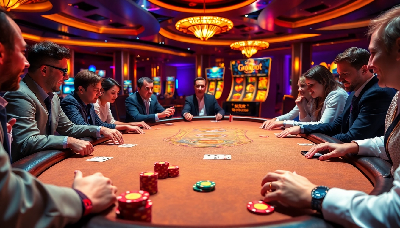 Gojekpot players enjoying high-stakes poker at a luxurious casino, with vibrant colors and excitement.