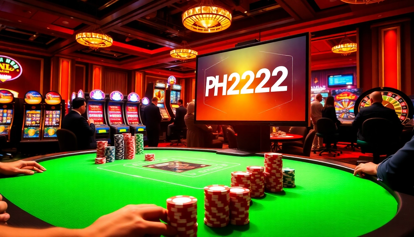 Experience the thrill of gambling with PH222, showcasing players around a poker table and vibrant slot machines.