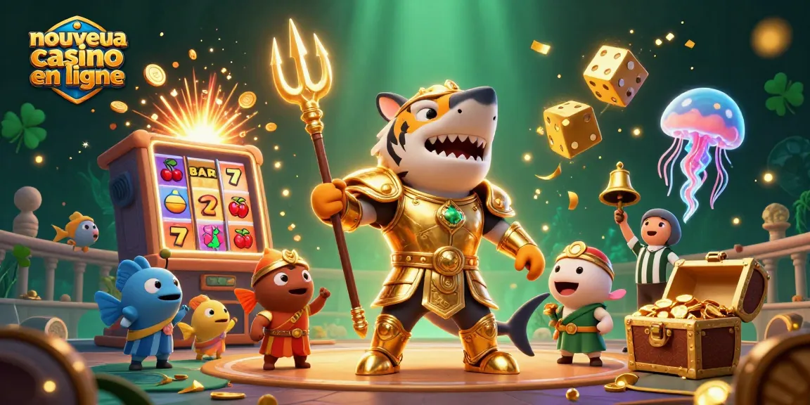 Des petits poissons célèbrent sur un nouveau casino en ligne avec un requin tigre armé, un jackpot spectaculaire en arrière-plan.