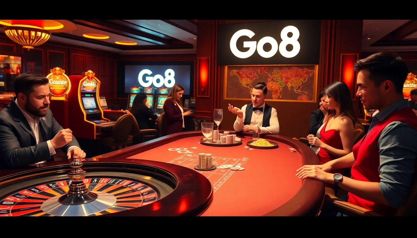 Excited gamblers at a luxury casino table, capturing the essence of Go8 gaming experiences.