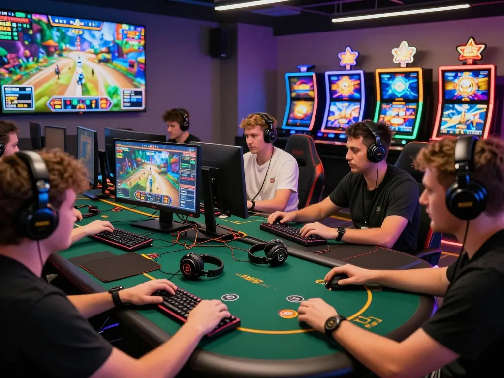 Engaged players at HITCLUB gaming lounge enjoying various online games with vibrant lighting.