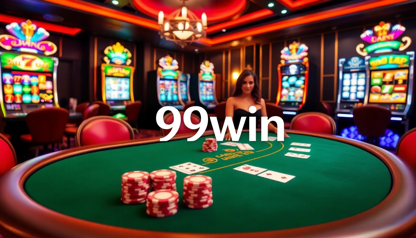 Exciting scene of a poker table at 99win casino with vibrant slot machines in the background.
